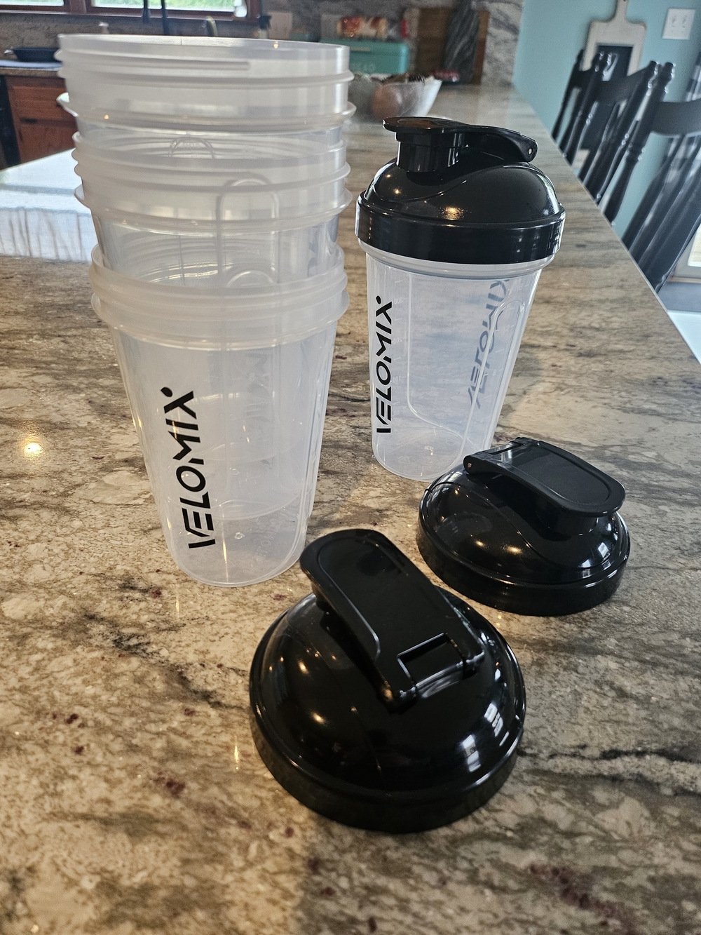 Velomix Clear Protein Shaker Bottles with Black Lids